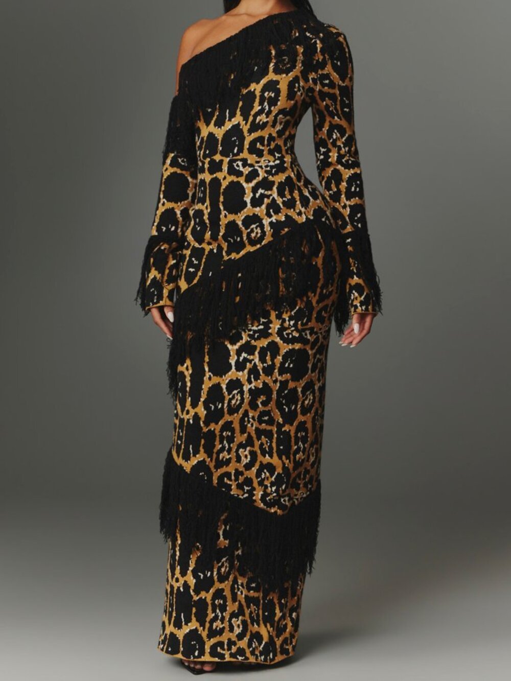 Multicolor Party Women's Asymmetrical Slim Fit Bishop Sleeve Maxi Knit Dress